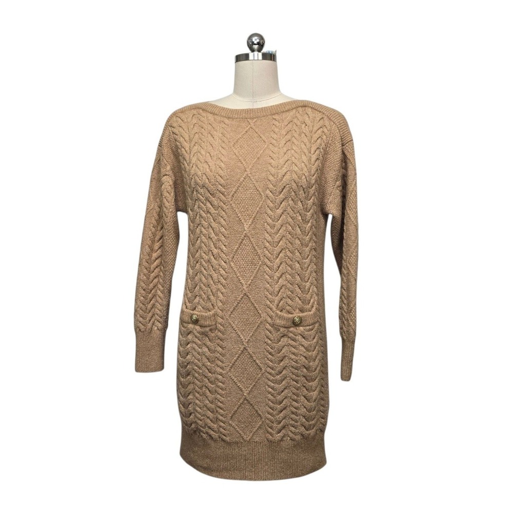 J.Crew Camel Tan Merino Wool Alpaca Cable Knit Sweater Dress Gold Buttons XS